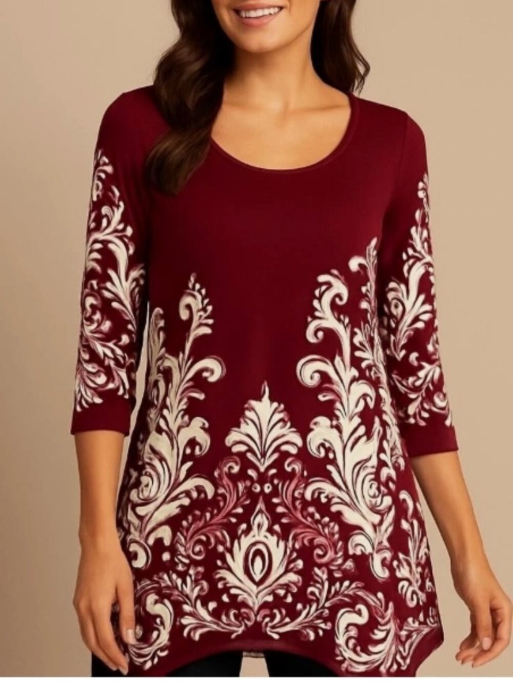 White Mark Womens Tunic Dress Blouse Top 3/4 Sleeve Burgundy Soft Flowy 1X NWT